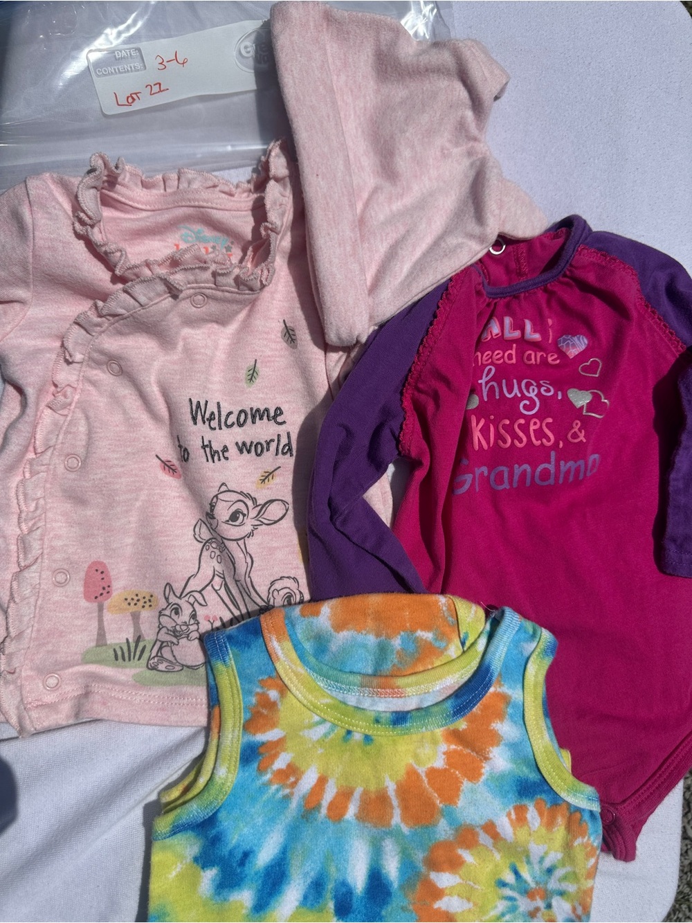 Baby Girl Clothing Lot - Pink Bambi Top, Purple Onesie & Tie-Dye Tank(lot22)